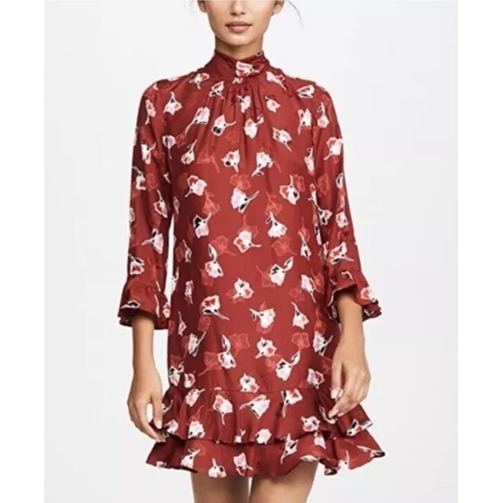 $ 395 Rebecca Taylor Dress Cabernet Paintbrush Silk Ruffle Mock Tie Neck Sz 2 Xs